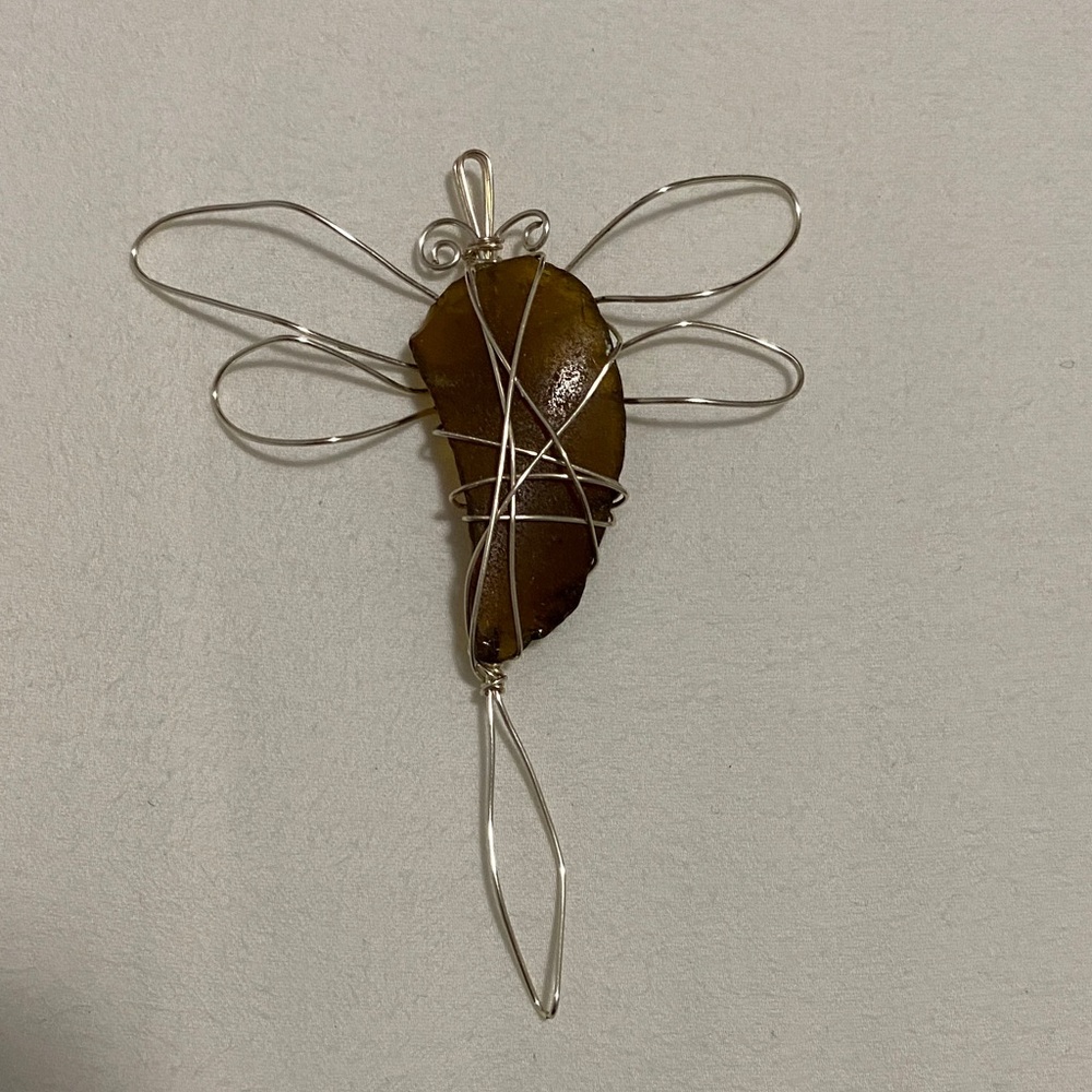 Handmade Sea Glass Dragonfly Pendant - Brown & Silver